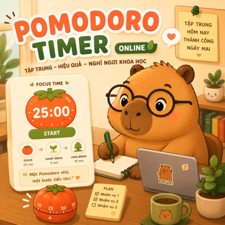 Đồng hồ pomodoro online miễn phí của Capy Meme - Pomodoro Timer online Free
